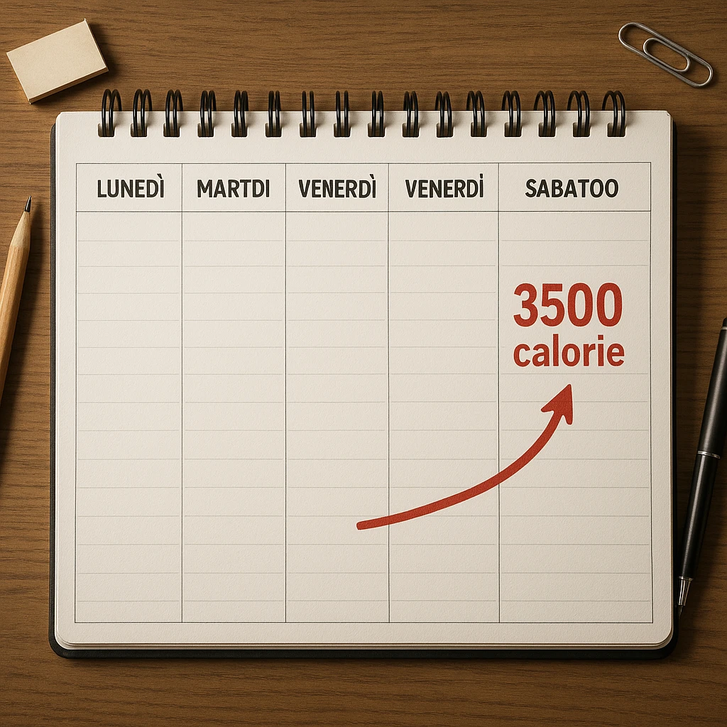 Hyperrealistic top-down view of a weekly calendar in Italian, showing days from Monday to Sunday. Only Saturday and Sunday have the text '3500 calorie' with a red arrow connecting both days, with no red circle on Friday. 4K details, desk atmosphere. emoji