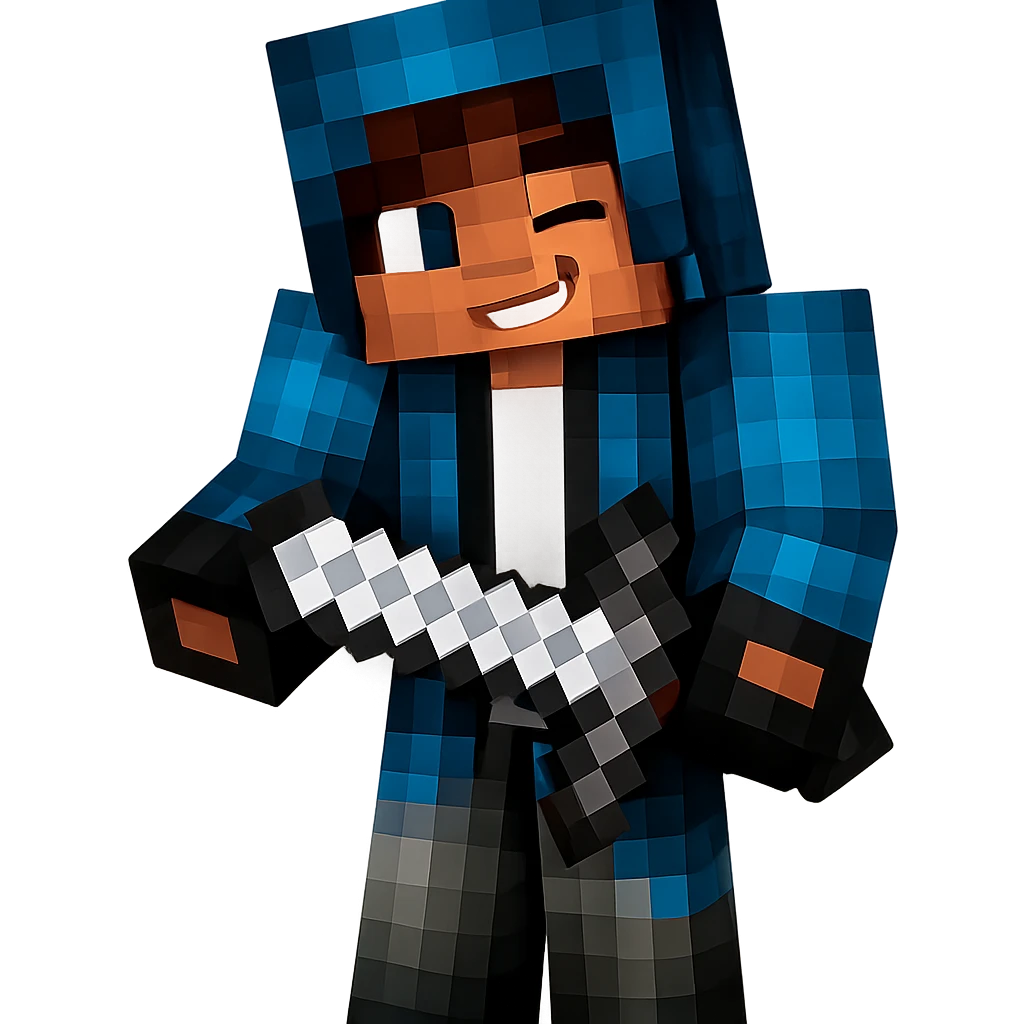 Edit the Minecraft character in the blue hoodie to have a winking playful facial expression. Keep the pose, outfit, and quality exactly the same. Transparent background. emoji