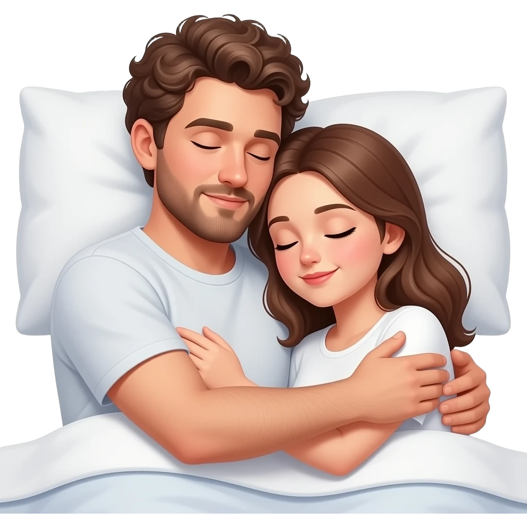 Realistic white man brown short curly hair with beard hugging while sleeping in bed with realistic white girl brown hair emoji