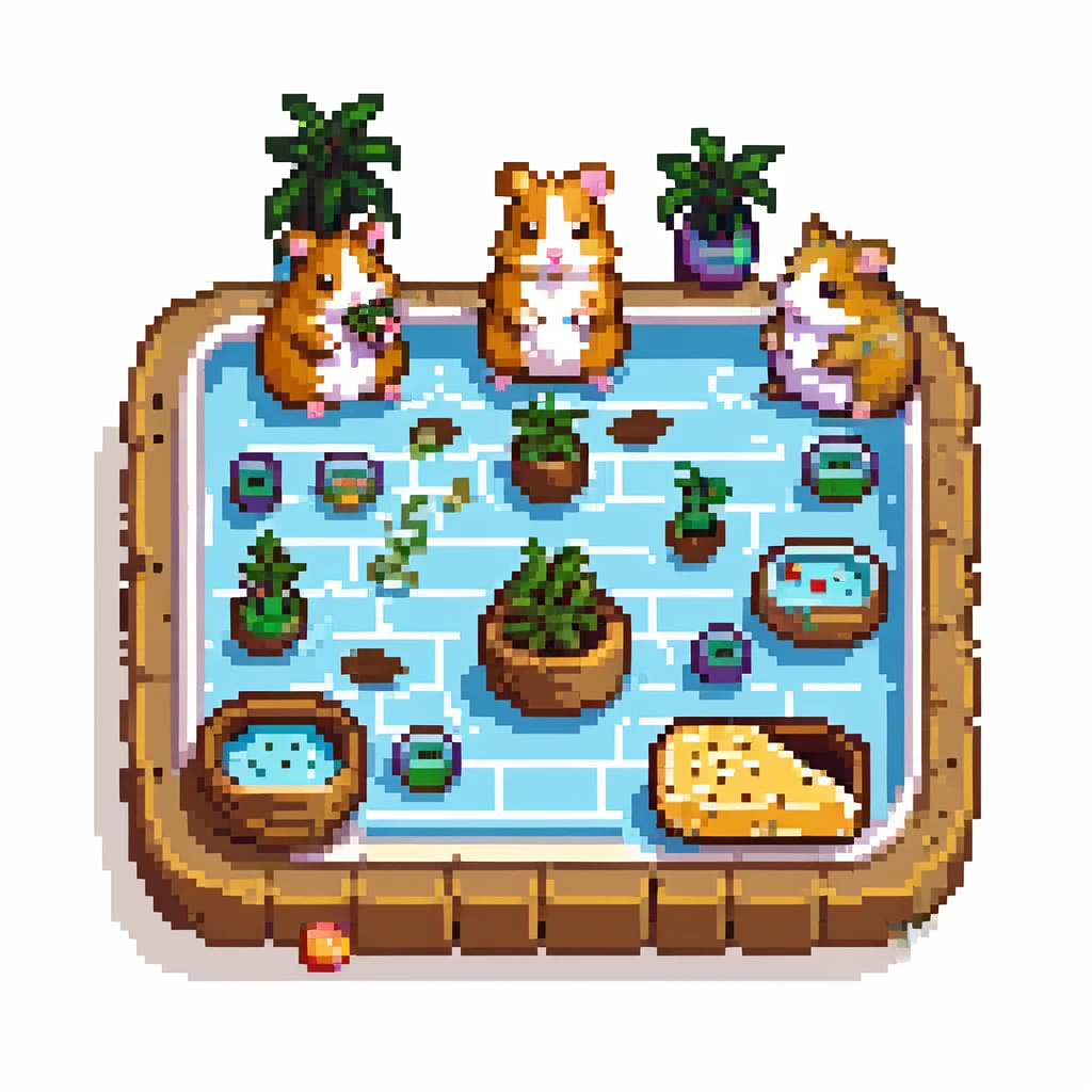 pixel art scene of a hamster cult celebrating with THC weed at a pool party, cheese platters included, vibrant and playful emoji