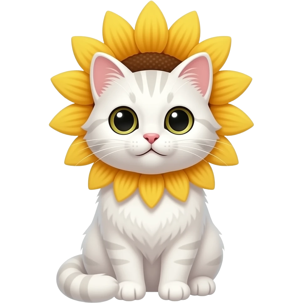 cute white cat sitting with a sunflower crown on head emoji