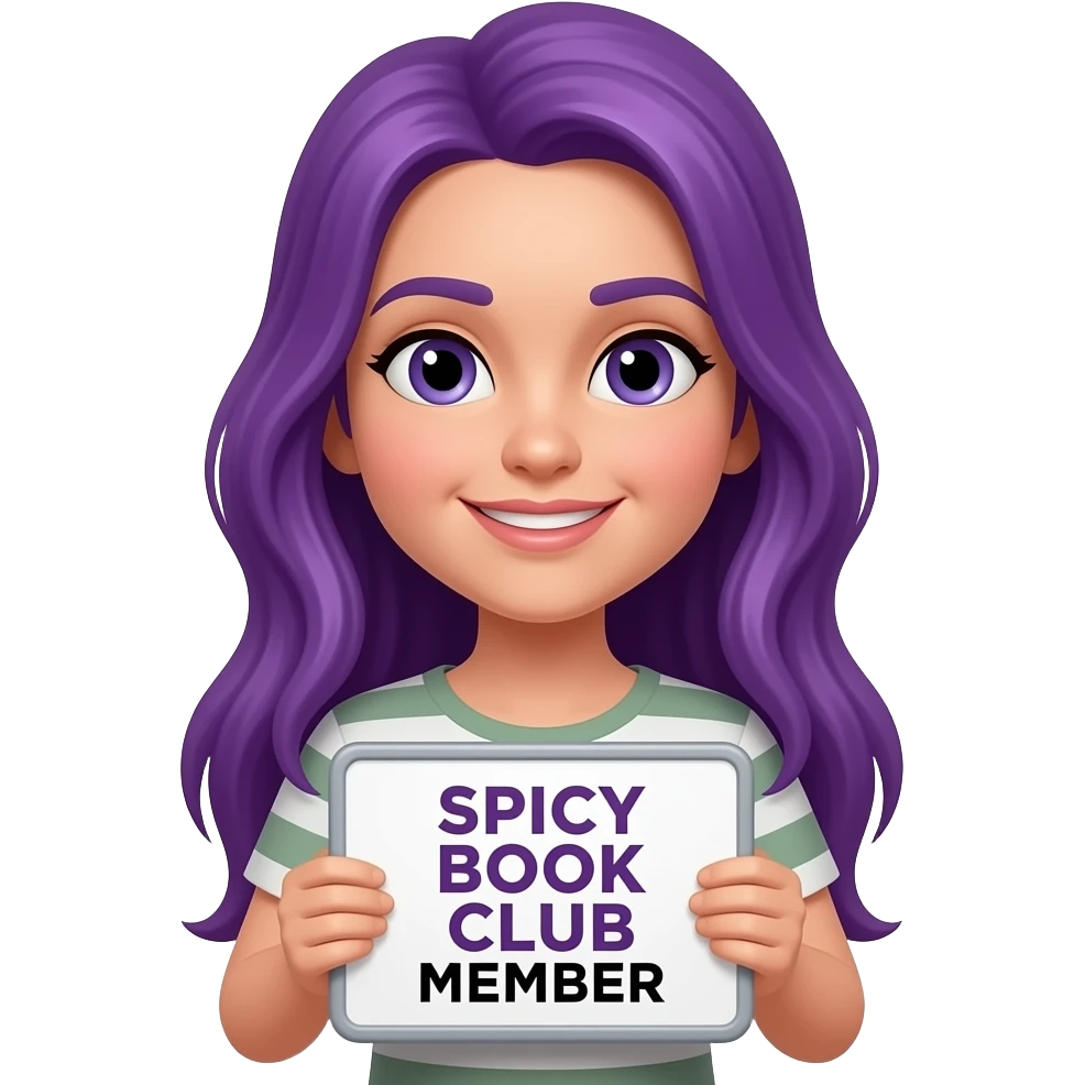 girl with long purple hair holding a SPICY BOOK CLUB MEMBER sign emoji