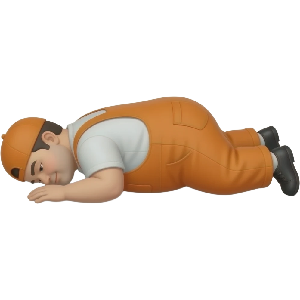 fat MAN IN ORANGE HIVIS OVERALLS, laying face down on floor, side view emoji
