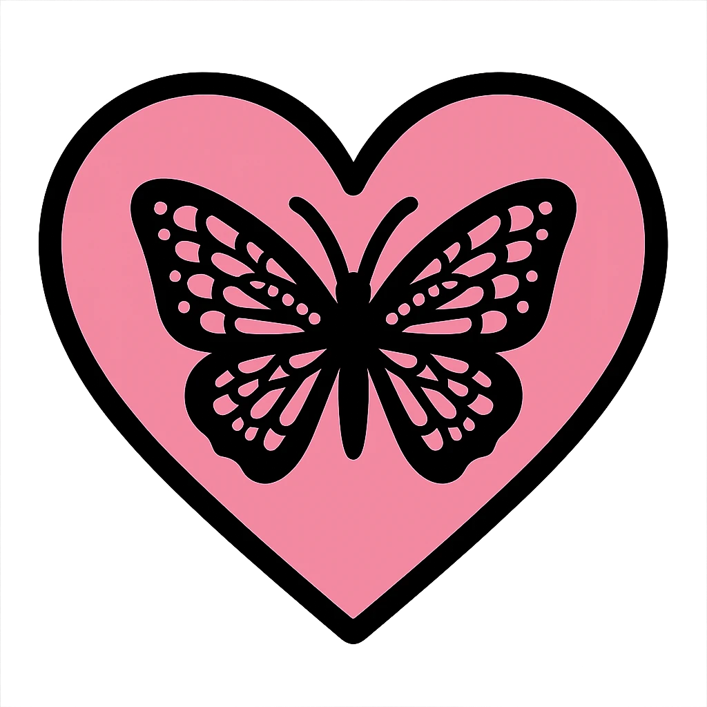 gothic heart with a black lace butterfly, color icon filled style, pink and black emoji