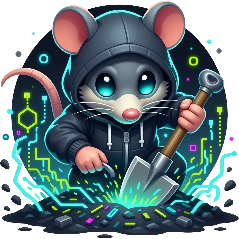 a cool cyberpunk mole mascot, hacker style, wearing a hoodie, glowing eyes, digging through code and data streams, dark background, neon accents, minimal logo style, clean vector, high contrast, tech aesthetic, modern, sharp lines, suitable for GitHub project logo emoji