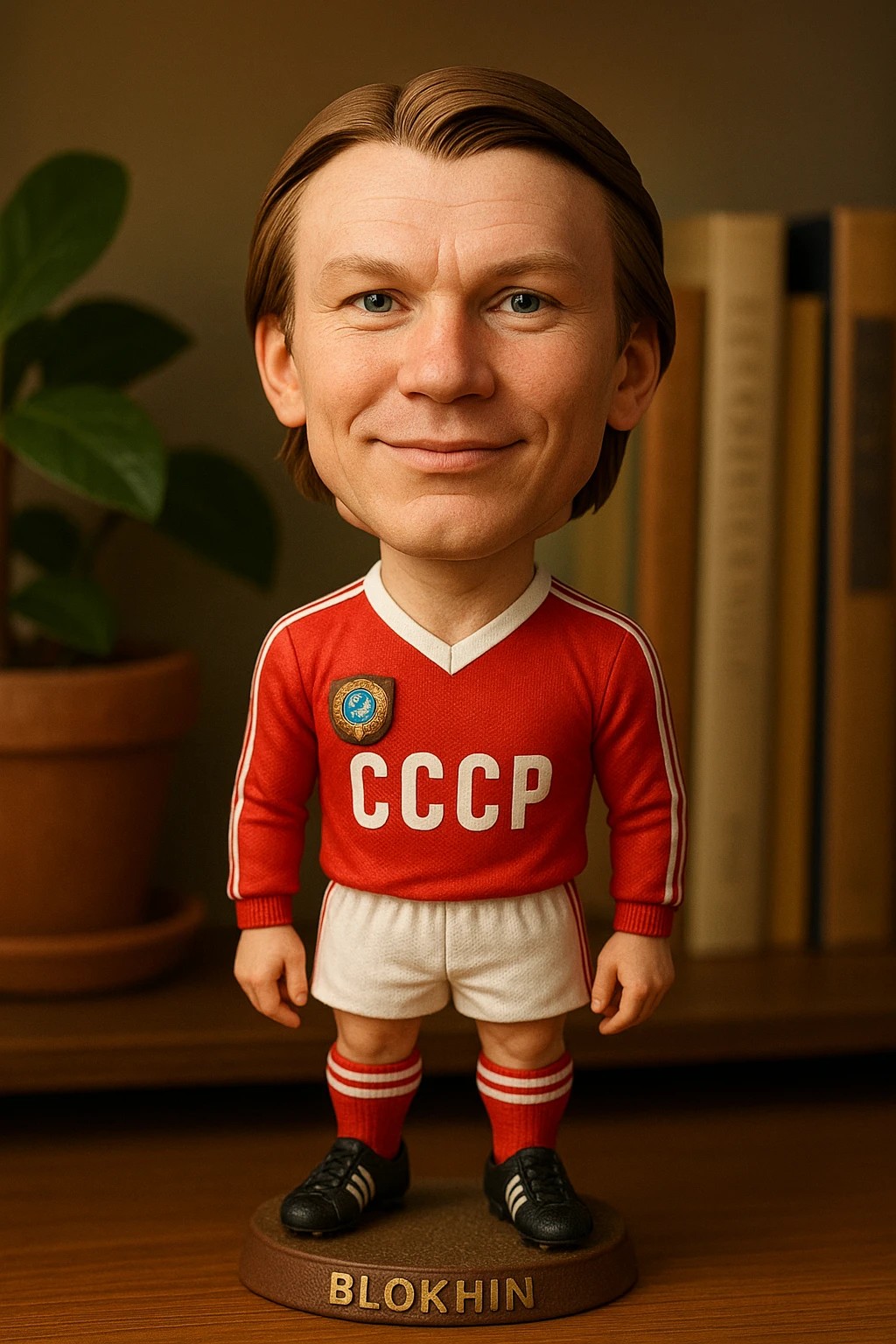 Молодой Олег Блохин в форме сборной СССР 1975 года смотрит на прямо на зрителя и слегка улыбается, освещение с левой верхней стороны кадра emoji