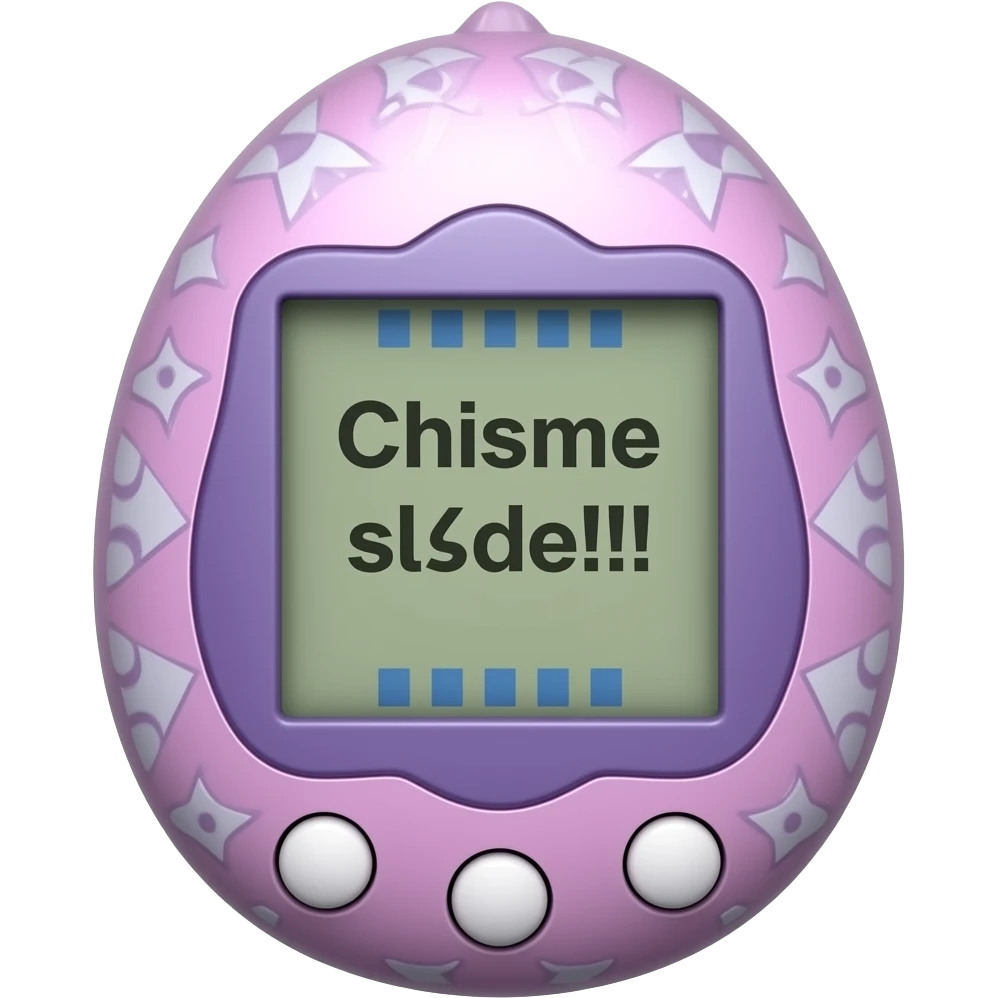lilac  tamagotchi with patterns on outside that says Chisme slide!!! on the sreen emoji