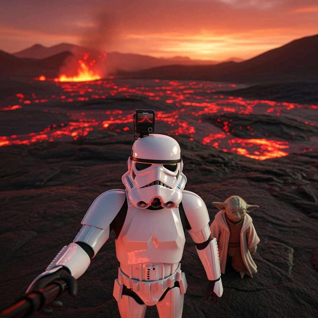 Camera POV, Starwars stormtroopers vlogging selfie, he is walking on lava planet with yoda emoji