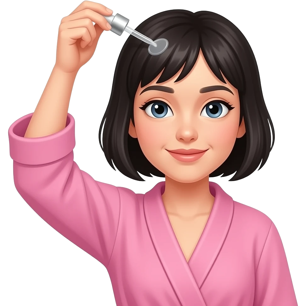 White girl taking care of her black short hair by giving herself a hair tonic massage with a dropper, wearing a pink robe, iPhone emoji style emoji
