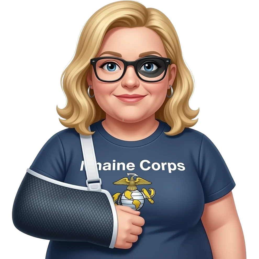 A fat blonde woman with a black eye and arm in sling and glasses wearing a shirt saying the Marine Corps fucked him emoji