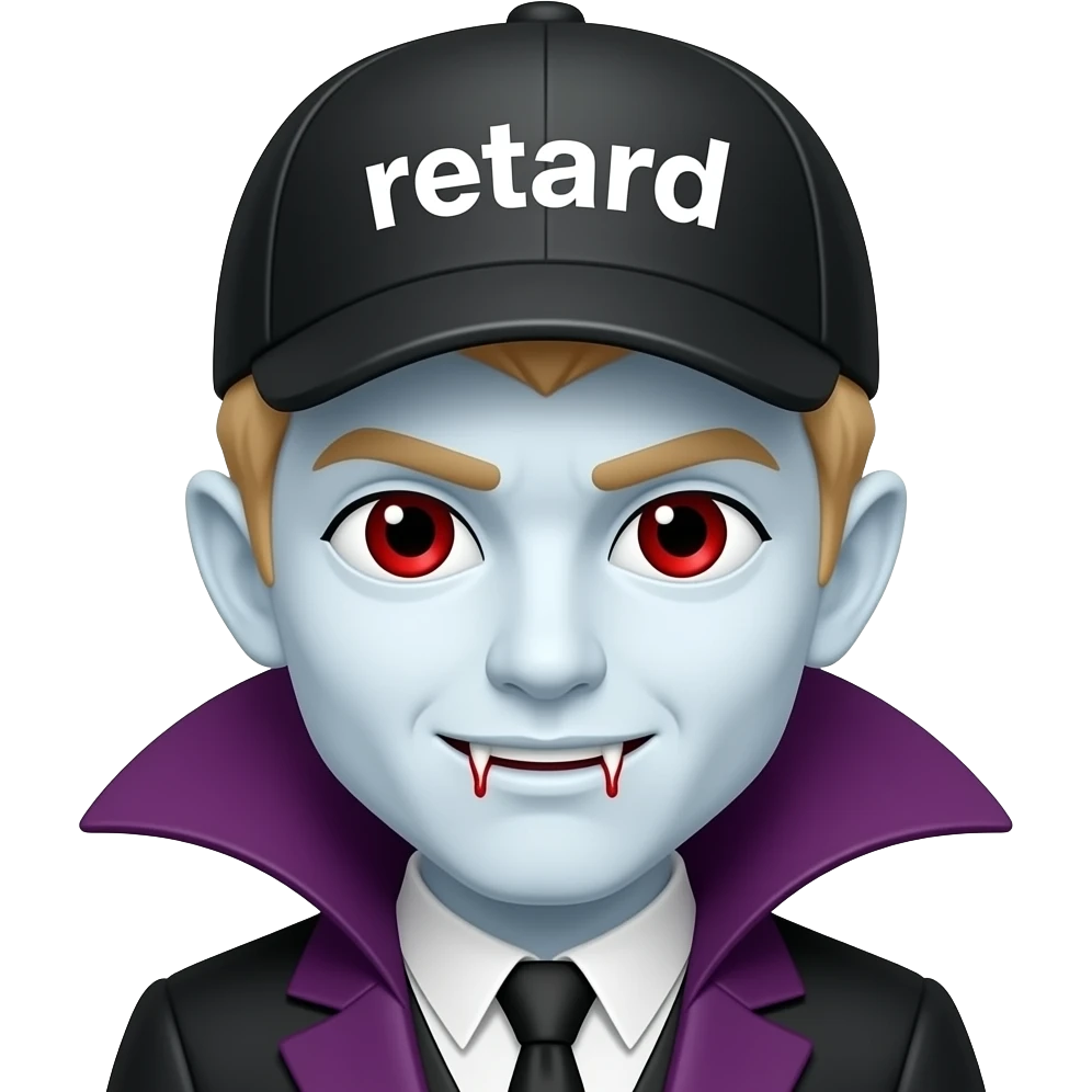 Make an vampire with cap on his head and text on cap “retard” vampire has blond hair and white skin blood eya and wolf cut make it like iphone emojji blunt in his mouth and text more like instagram sharp emoji