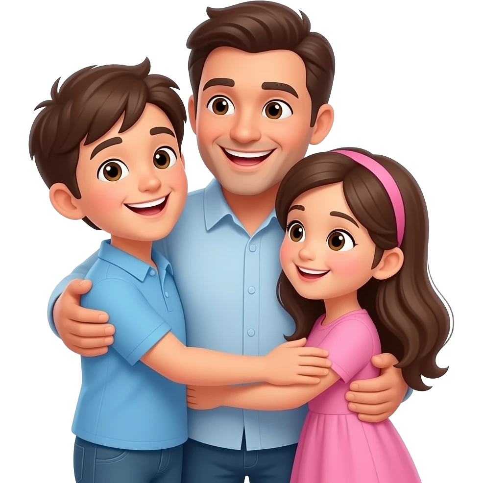 hijos abrazando a su padre todo el cuerpo muy felizes mirandose entre ellos solo dos un hijo i una hija padre mas alegria emoji