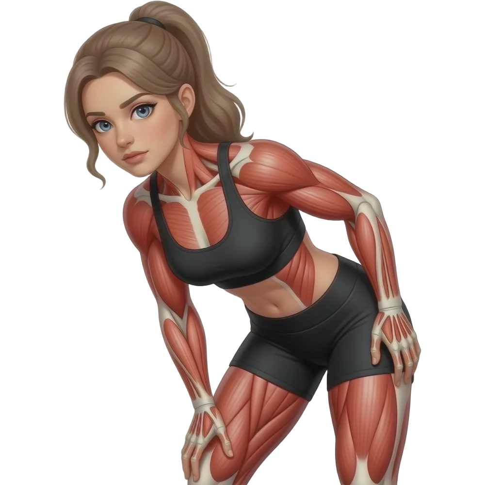 full body discomfort, red glow across the entire body, anatomical highlight of major muscles and joints, woman slightly bent and touching her body, fair-skinned woman, gray-blue eyes, ash brown brows, ash light brown hair tied back, slim athletic body, black workout set emoji
