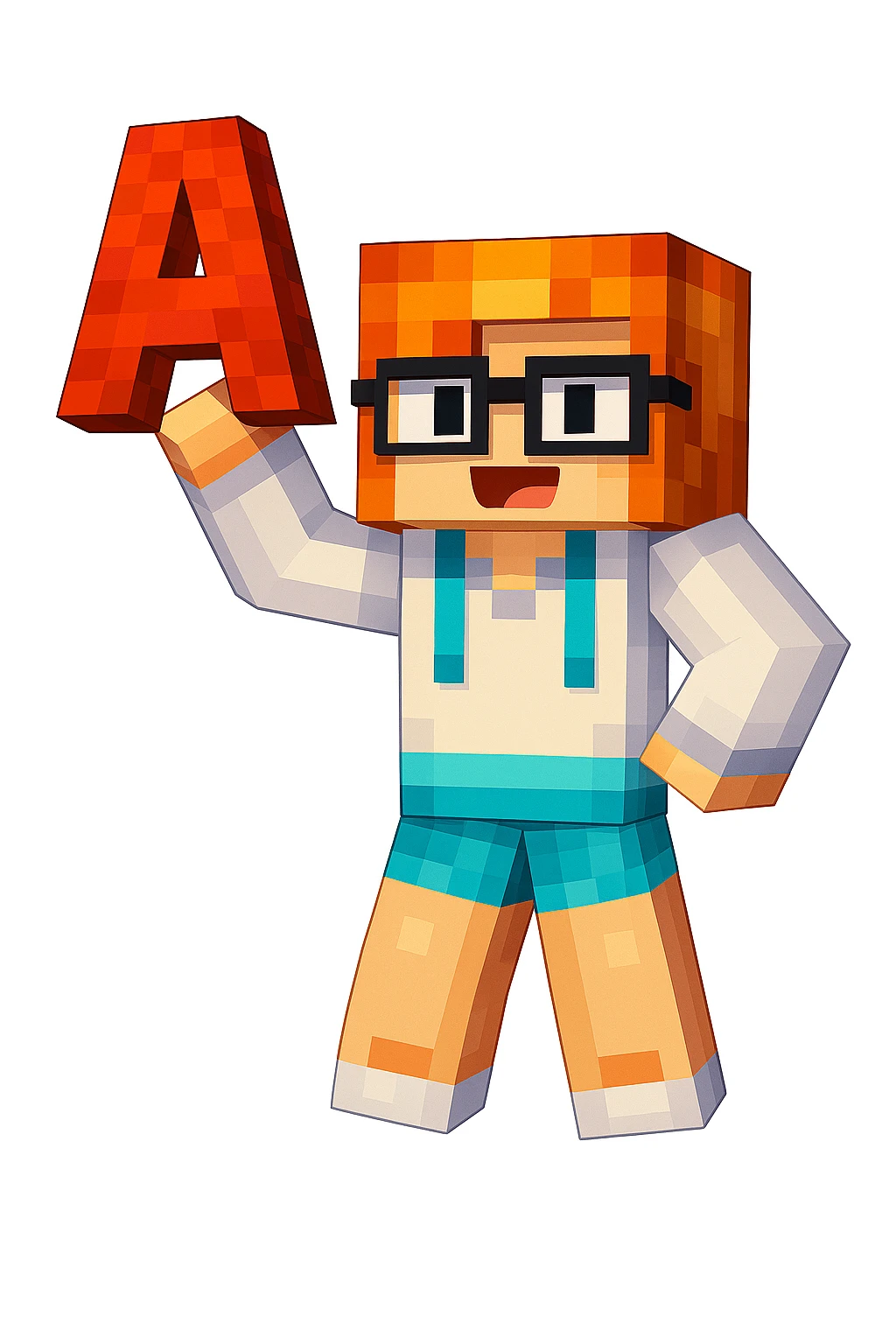 Edit the image to make the character hold the letter A in their hand, keeping the original Minecraft cartoon style and pose. Only add the letter A, do not change anything else. emoji