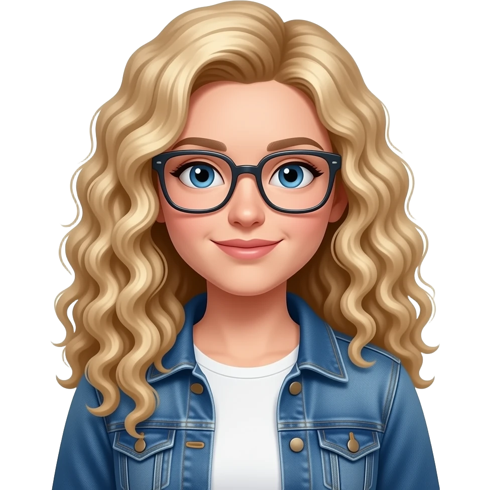 hyperrealist caucasian curly long blonde hair blue eyes squared glasses,white top jean jacket emoji