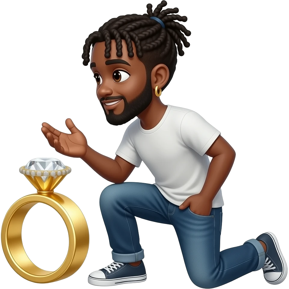Make black guy with dread bun and heart eyes, gold hoop earrings, bending knee proposing to no one, facing left with large Gold diamond ring emoji