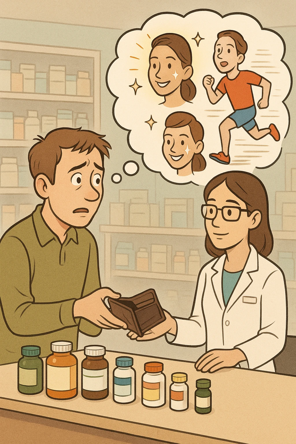 a man stands at a pharmacy counter, handing over a nearly empty wallet to the cashier while the counter is filled with bottles of supplements and vitamins. His expression is hopeful but slightly anxious. In the background, a thought bubble shows exaggerated images of instant health and fitness, symbolizing unrealistic expectations.  emoji