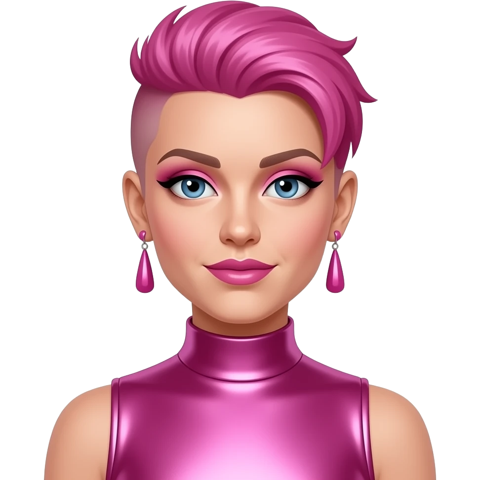 P!nk with blue eyes, hot pink faux hawk hair, pink eyeshadow and lipstick, pink metallic high neck dress, pink earrings emoji