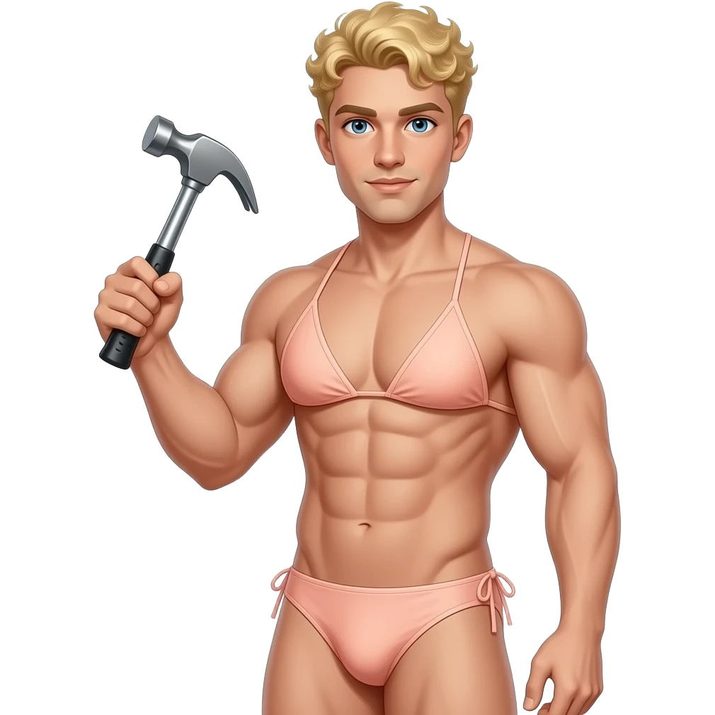Muscle man with blonde curly hair in peach colored bikini top and bottom holding hammer emoji