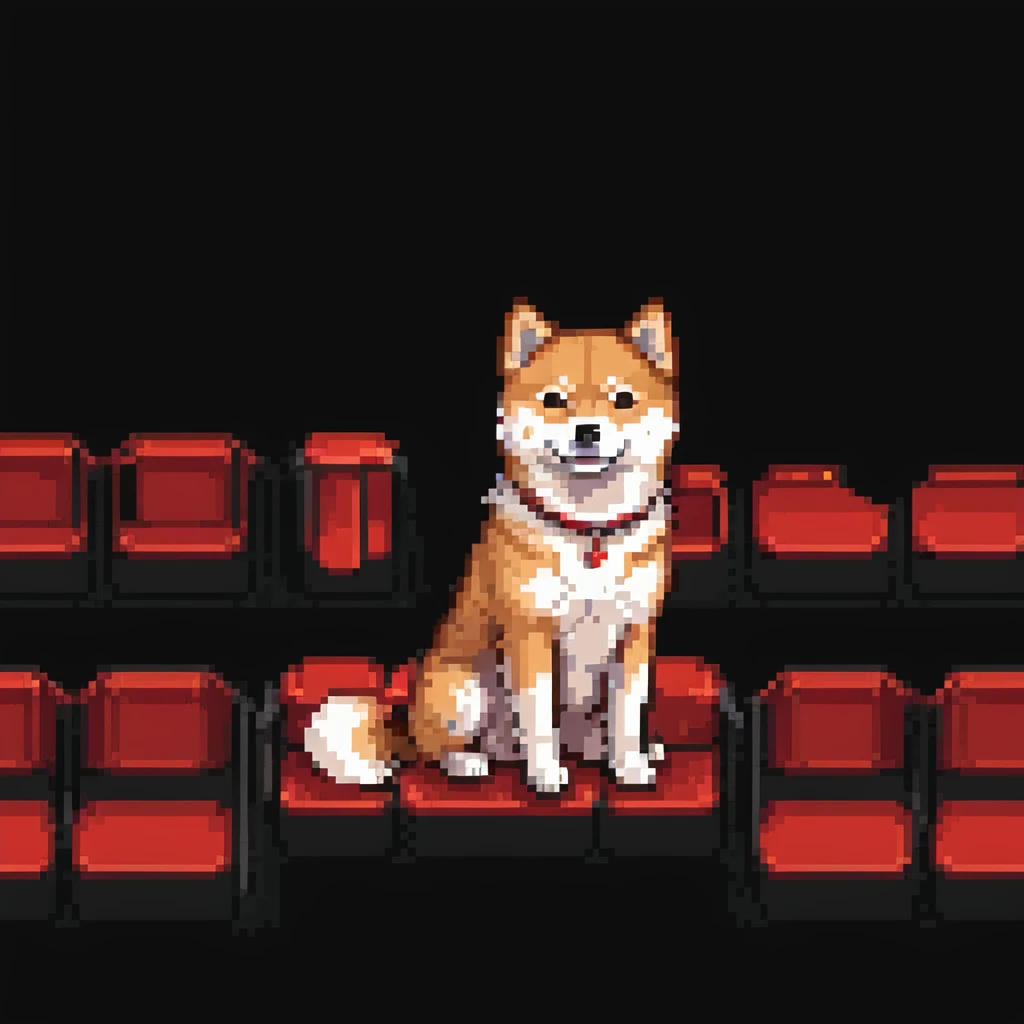 Shiba Inu sitting in a movie theater with red seats in the background, variation 2 emoji