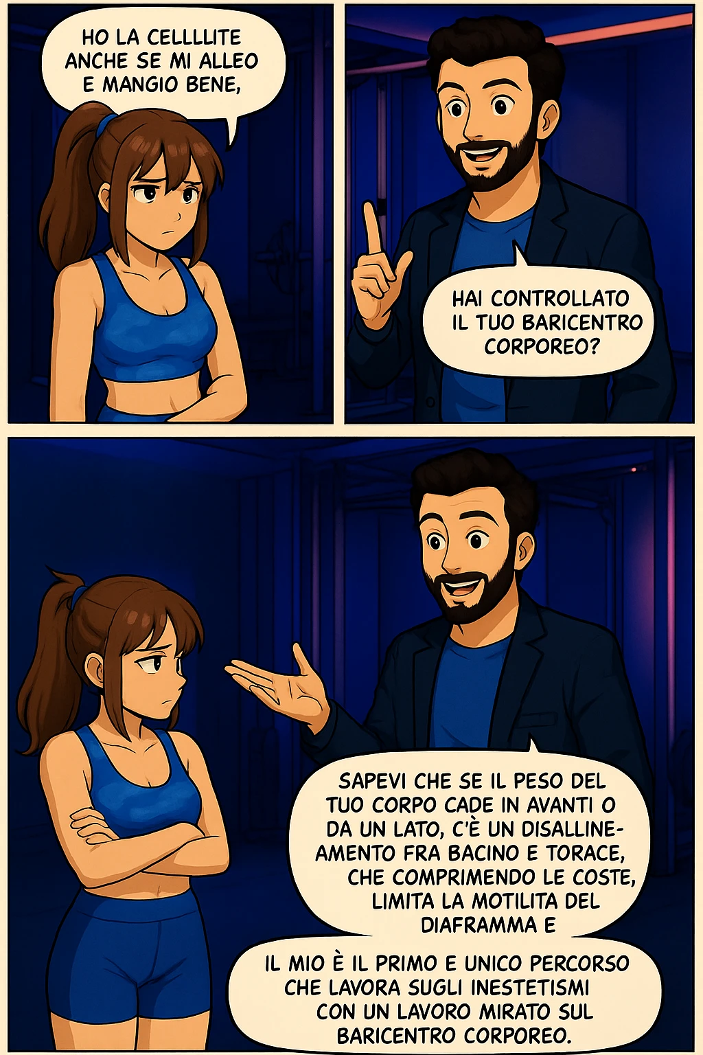 PRENDI SPUNTO DA QUESTO STILE FACENDO UN WEBTOON/MANGA:

LEI (DONNA): Ho la cellulite anche se mi alleno e mangio bene, cosa posso fare?

LUI (UOMO): Hai controllato il tuo baricentro corporeo?
LUI (UOMO): Sapevi che se il peso del tuo corpo cade in avanti o da un lato, c’è un disallineamento fra bacino e torace, che comprimendo le coste, limita la motilità del diaframma e l’ossigenazione dei tessuti?
LUI (UOMO): Il mio è il primo e unico percorso che lavora sugli inestetismi con un lavoro mirato sul baricentro corporeo. emoji