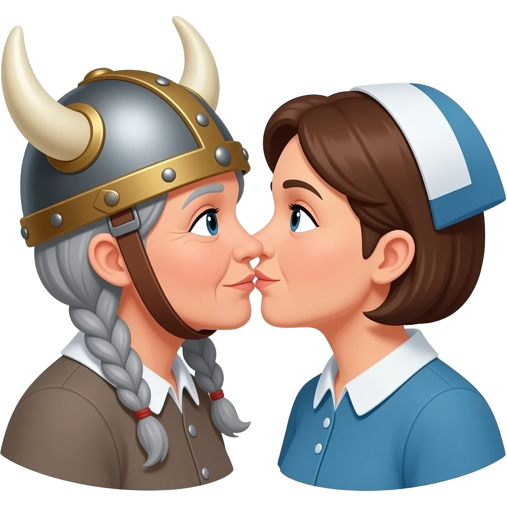 Viking helmet no strap on gray braids old woman kissing old woman shortest hair brunette old nurse emoji