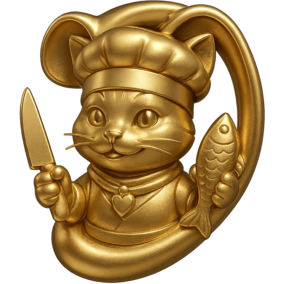 Add a single large gold earring to one ear, and make the cat chef hold a knife in one paw and a fish in the other. Keep the bandana and chef look, with no background. emoji
