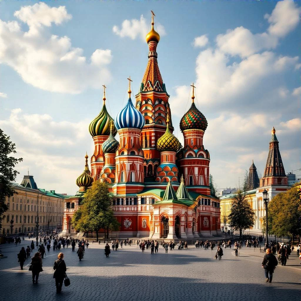 Изометрическая фотореалистичная иллюстрация Собора Василия Блаженного в Москве с яркими куполами-луковицами, упрощённые текстуры с чёткими, но мягкими контурами, баланс между стилизацией и реализмом, эффект миниатюры, без мультяшности, прозрачный фон. emoji