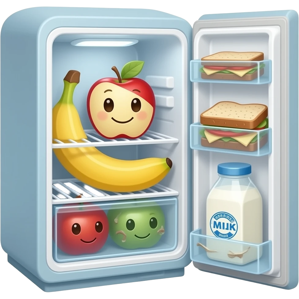 fridge with old banana apple sandwich not happy cute smelly face milk dirty emoji