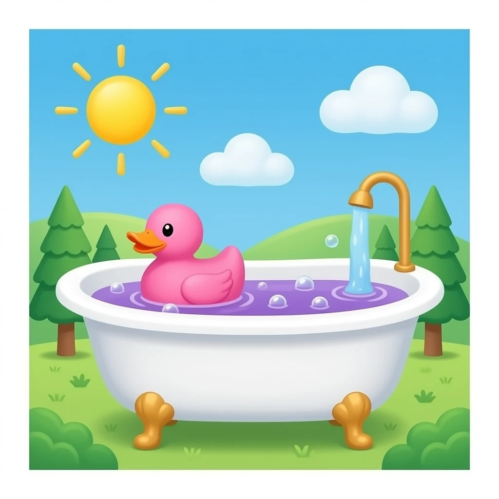 Bath tub with a small rubber duck on the pink and purple mix bubble water emoji emoji