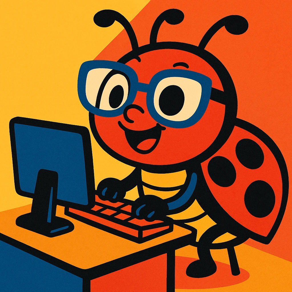 a ladybug with big glasses and a computer, playful and colorful, vibrant toon, cheerful illustration emoji