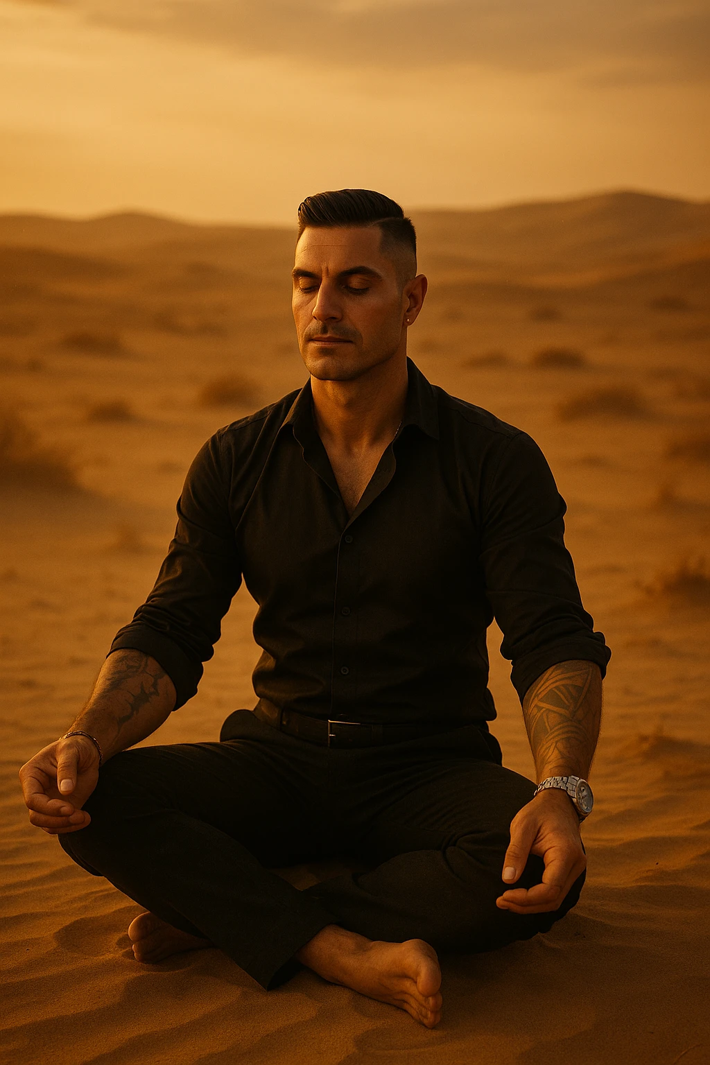 Man meditating alone in the desert at golden hour, sitting in a calm but grounded posture, radiating calm and powerful masculine energy. Minimalist surroundings, soft wind, dust in the air. Peaceful expression, symbolic of self-mastery and inner strength. Cinematic style. emoji