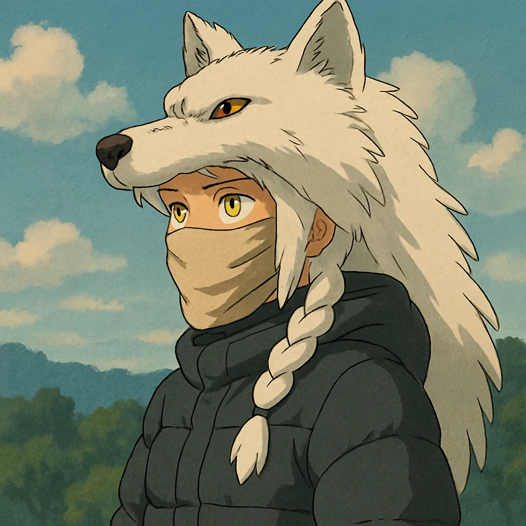 1 female, gold yellow eyes, white hair with a single long braid, wolf headdress, rag face covering, dark colored puffer parka, gazing into the distance emoji
