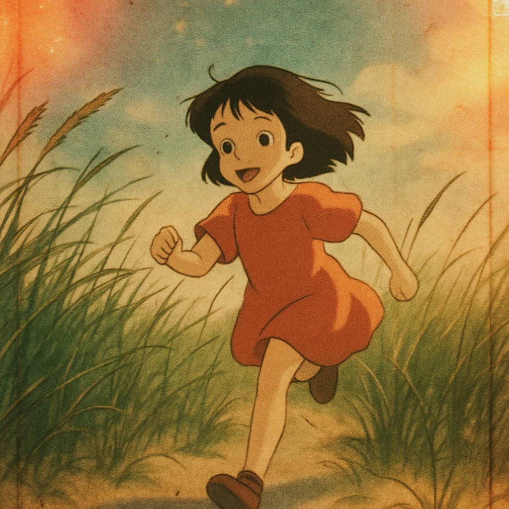 style of anime, 8mm film, gritty, the image shows a young girl running in a field of tall beach grass, light leaks, overexposed, nostalgic feel emoji
