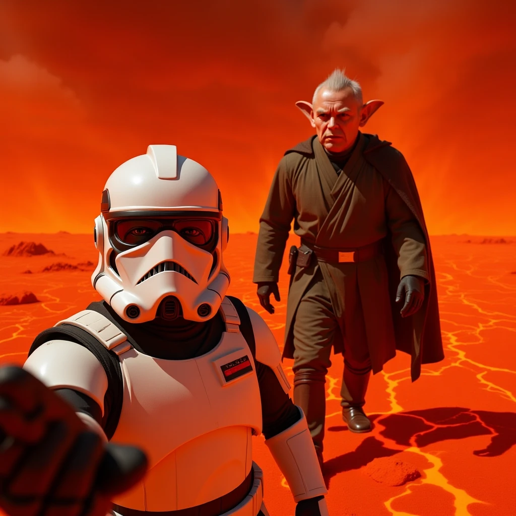 Camera POV, Starwars stormtroopers vlogging selfie, he is walking on lava planet with yoda emoji