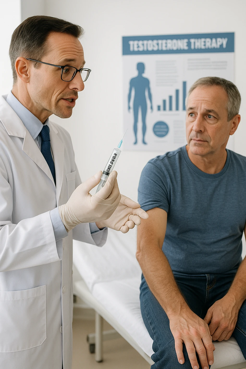 a doctor in a white coat prepares a syringe labeled “Testosterone” while a middle-aged man sits calmly on the examination table, sleeve rolled up and looking slightly apprehensive but trusting. The doctor explains the procedure, and a medical chart about testosterone therapy is visible in the background. The mood is professional and reassuring. emoji