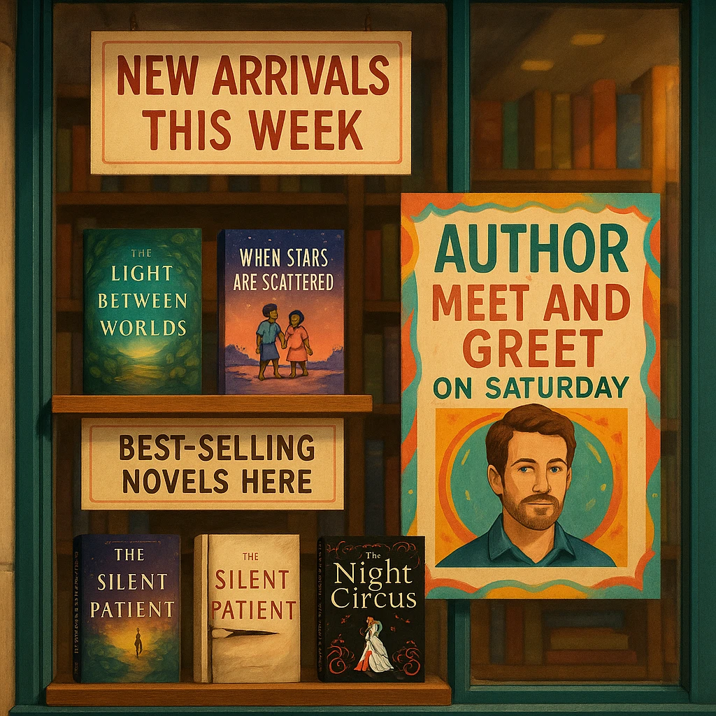 Bookstore window display. A sign displays “New Arrivals This Week”. Below, a shelf tag with the text “Best-Selling Novels Here”. To the side, a colorful poster advertises “Author Meet And Greet on Saturday” with a central portrait of the author. There are four books on the bookshelf, namely “The light between worlds” “When stars are scattered” “The slient patient” “The night circus” emoji