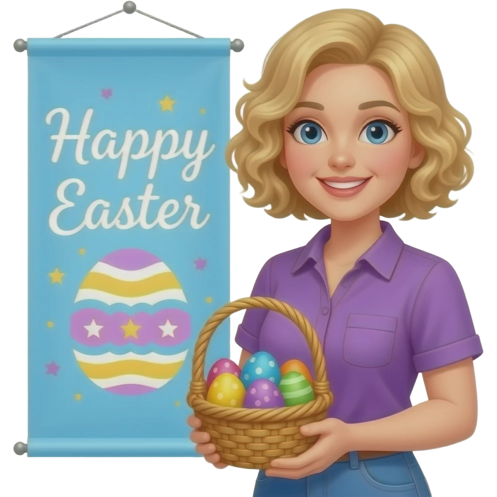 blonde tight curly hair in a short bob with happy Easter basket with easter eggs and happy Easter egg banner in a purple short sleeve blouse emoji