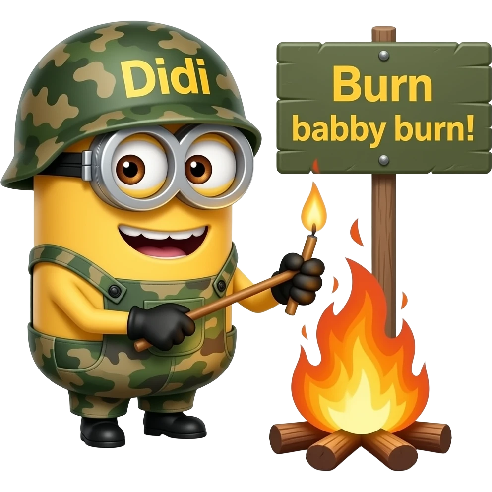 minion in army fatigues lighting a fire Text Didi on the helmet  burn baby burn emoji