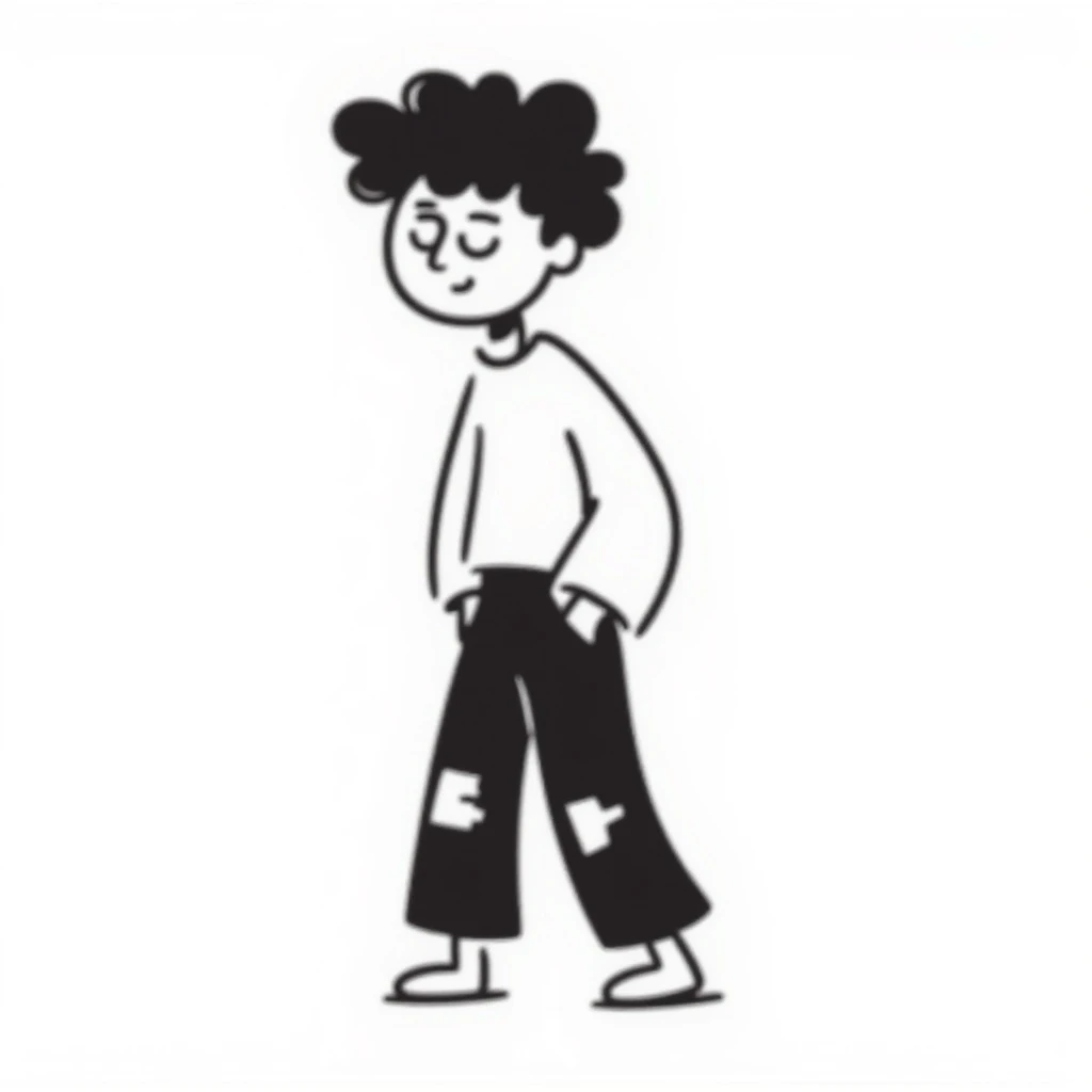 doodle of a person with messy, scruffy hair and ragged clothes, looking like a bum emoji
