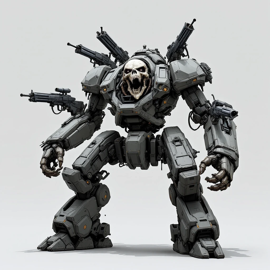 A vicious, menacing four-armed mech with a skull head, guns on every arm, aggressively advancing, spine fused to a tank-treaded vehicle base. Detailed, dangerous, mechanical, futuristic battle robot, aggressive pose. emoji