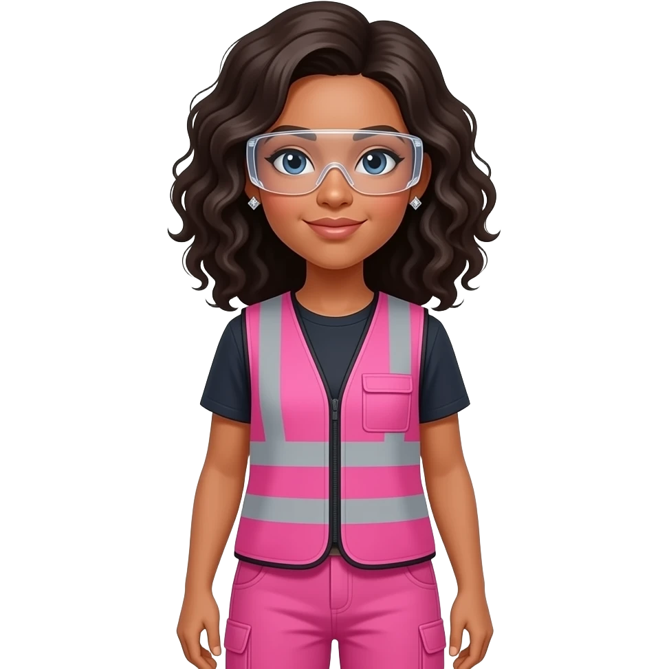 light skin women with shoulder length curly black hair wearing diamond earrings wearing pink and clear safety glasses wearing a pink construction vest wearing pink pants emoji