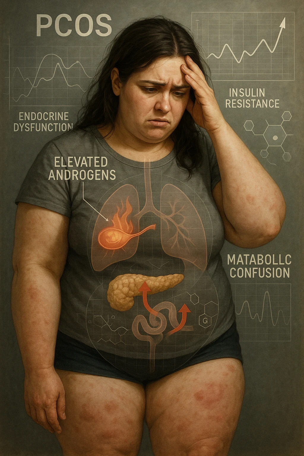 cinematic realistic in italiano Woman with PCOS struggling with hormonal chaos, transparent overlay showing elevated androgens and insulin resistance affecting her body, lipedema causing disproportionate fat accumulation in legs and arms despite normal torso, expression of frustration with unexplained weight gain, medical charts showing complex endocrine dysfunction, painful swollen limbs contrasting with metabolic confusion scrivi in italiano emoji