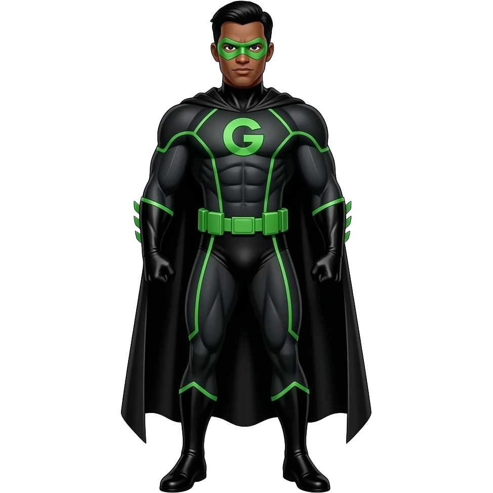 Anime black male superhero suite all black and green lines black slick back hair green masks and very long black cape letters G on the suite look superstrong very tall full body emoji