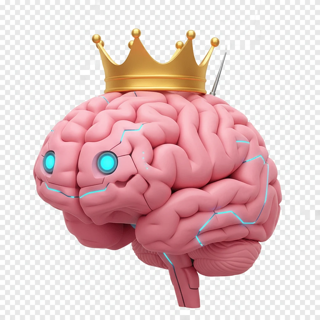 В той же стилистике сгенерируй иконку мозга-робота, на который надета корона без драгоценностей прозрачный фон emoji