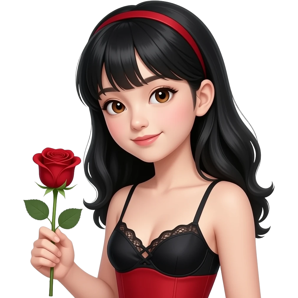 Chinese girl with black long hair styled curtain bangs, pretty brown siren eyes, a red dress, thin strap, with the top of a black bra showing laced, make her look attractive  have her head tilted to the side holding a blood red color rose make her look 12 years old and looking at the realistic rose emoji