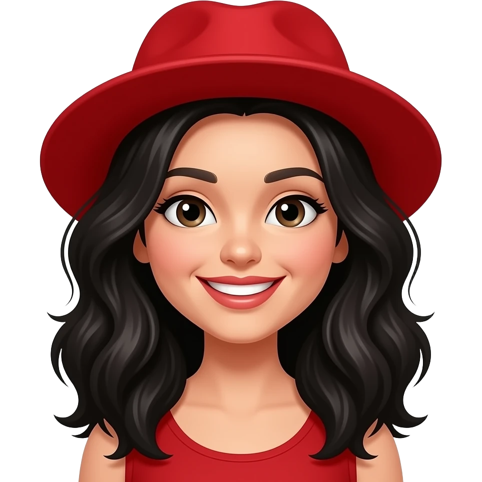 red hat, black wavy hair, smiling cute woman emoji