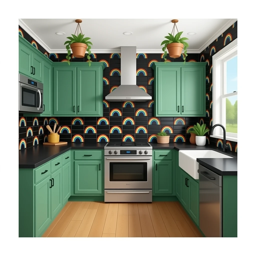 fancy kitchen with black wall tiles and rainbow seals, kelly Green cabinets, black countertops, wood floors and decorative plants on the ceiling emoji