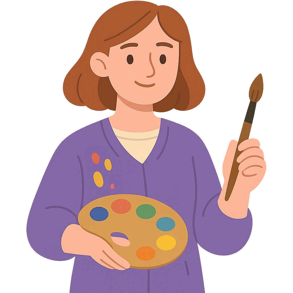 Serene female oil painter, Caucasian features, shoulder-length auburn hair, soft brown eyes, gentle smile, wearing a violet painter’s smock lightly stained with paint over a beige blouse, holding a wooden palette with vibrant colors in one hand and a brush in the other, waist-up, front-facing emoji