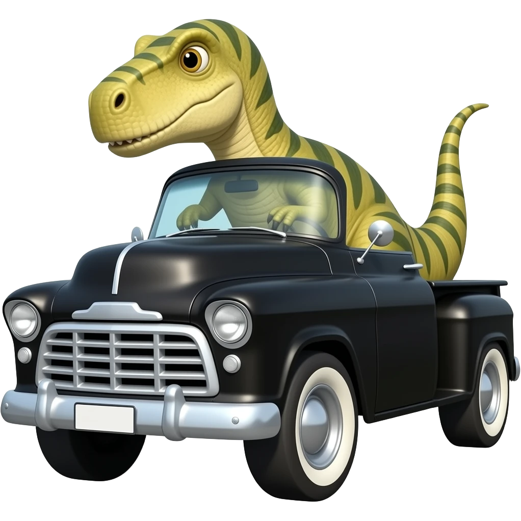 dinosaur driving black 1955 chevy 3/4 view emoji